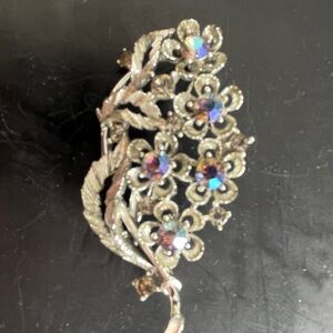 Vintage Lisner Silver Floral Brooch with Aurora Borealis stones